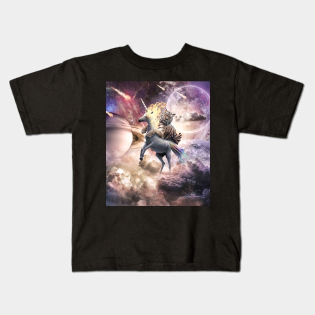 Big Cat Tiger Riding Evil Fire Unicorn In Space Kids T-Shirt by Random Galaxy